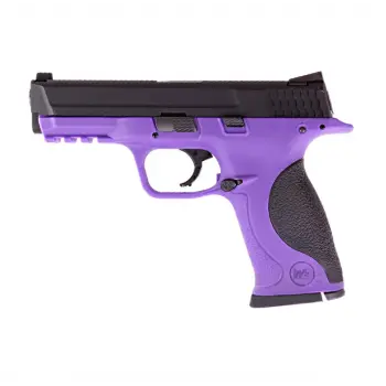 Réplique semi-automatique M&P Metal Version GBB WE en noir et violet avec dentelure agressive, caches arrière ergonomiques et rail Picatinny