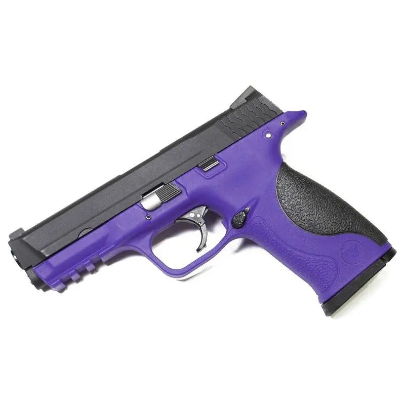 Réplique semi-automatique M&P Metal Version GBB WE en noir et violet, équipée d'un système de recul à gaz et d'un mécanisme hop-up réglable pour une expérience de tir réaliste