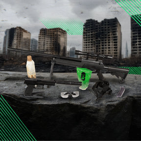 Pack Ghost Sniper incluant un sniper Urban, un MK23 Saigo, une sangle noire, un BBloader, des lunettes de protection, des billes bio et une bouteille de gaz Ultrair ASG