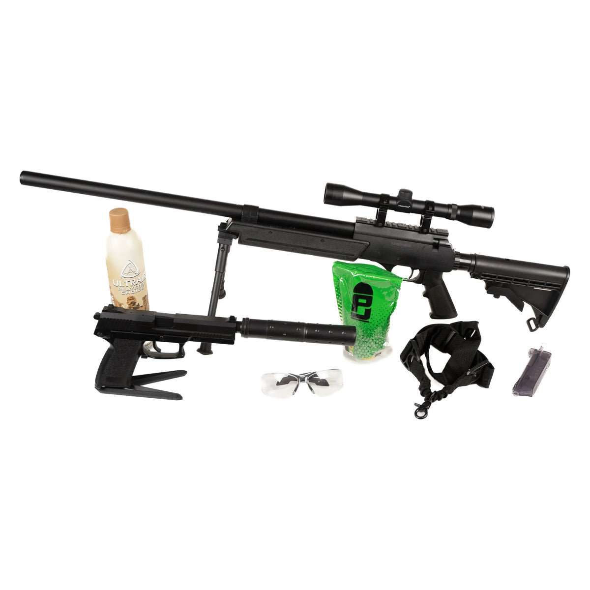 Pack Ghost Sniper comprenant un sniper Urban, un MK23 Saigo, une sangle, un BBloader, des lunettes, des billes bio et une bouteille de gaz Ultrair ASG