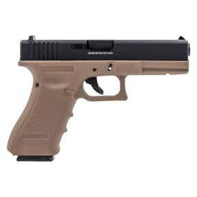 Image d'un pistolet EU7 Gaz RAVEN TAN avec culasse aluminium noire et frame polymère Tan, mode de tir semi-auto et chargeur gaz 26 billes