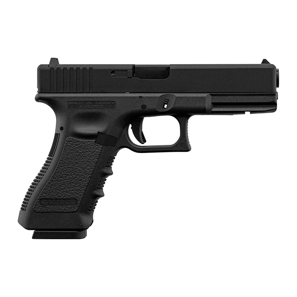 Pistolet KP 17 Gaz KJ Work avec cadre en polymère, culasse métal et rail tactique inférieur