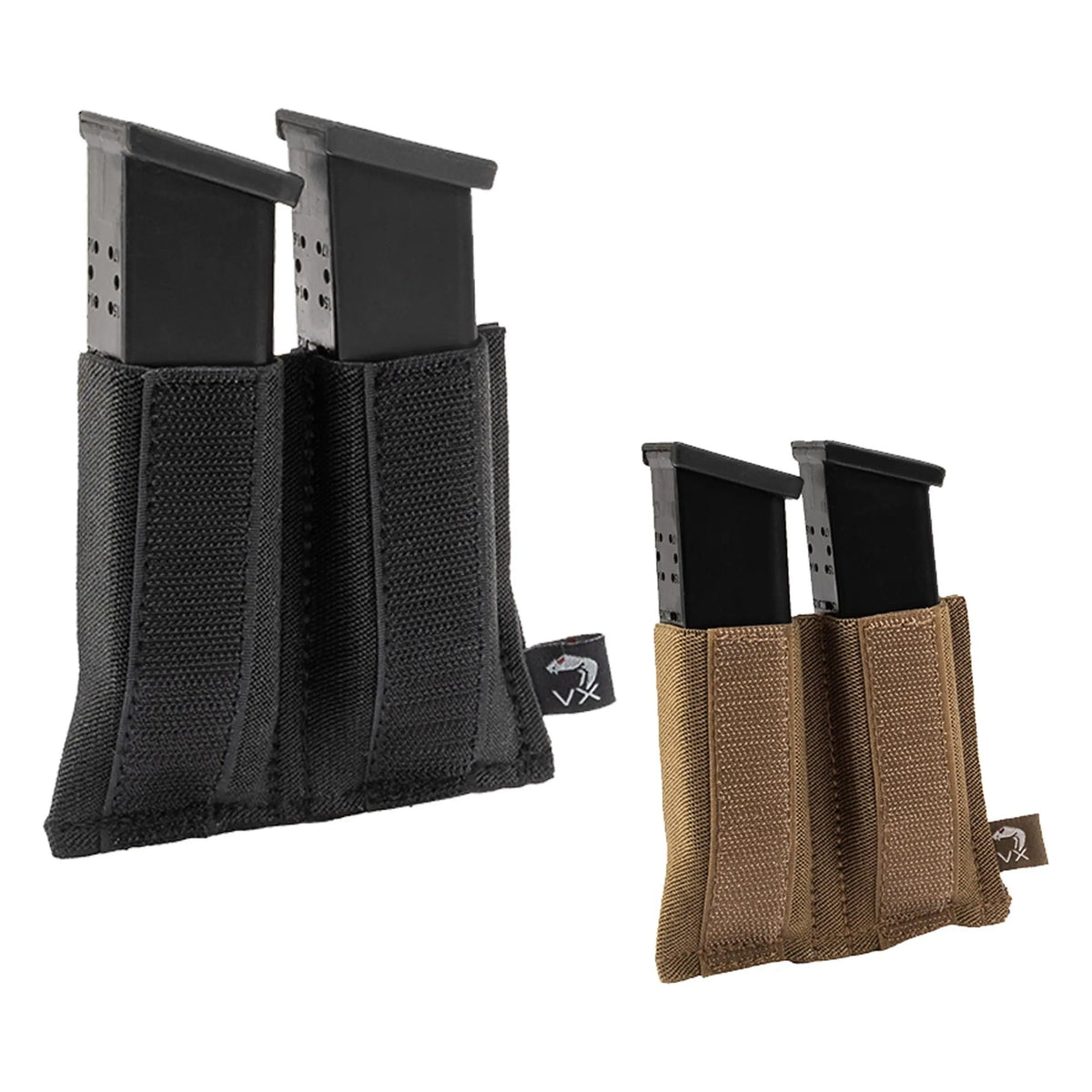 Porte chargeur double VX Pistol Viper en deux coloris avec panneau arrière en velcro, open top, dimensions 11x10x1cm, poids 40g