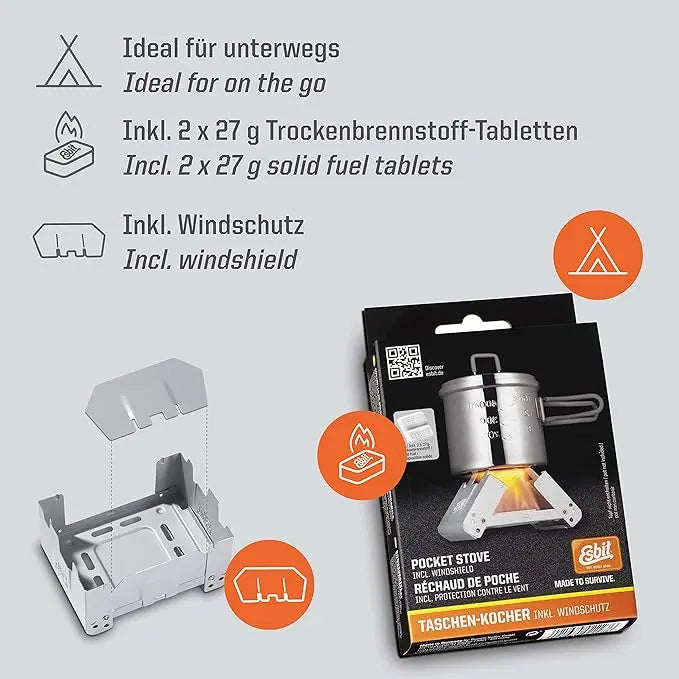 Compact et robuste réchaud de camping BW ESBIT avec combustible sec, facile à monter et à transporter, idéal pour la cuisson en plein air