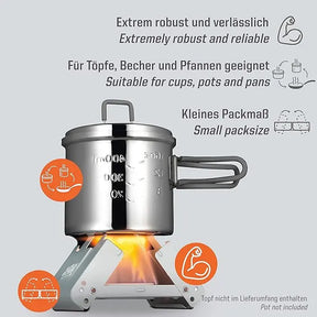 Réchaud de camping compact et robuste BW ESBIT® avec combustible sec, facile à monter et démonter pour une cuisson fiable en plein air