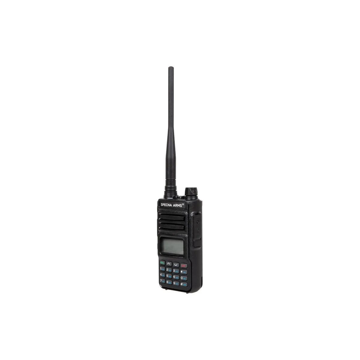 Radio dual band VHF/UHF Shortie-13 par Specna Arms, durable, étanche et programmable via PC, avec écran LCD et lampe de poche LED intégrée.