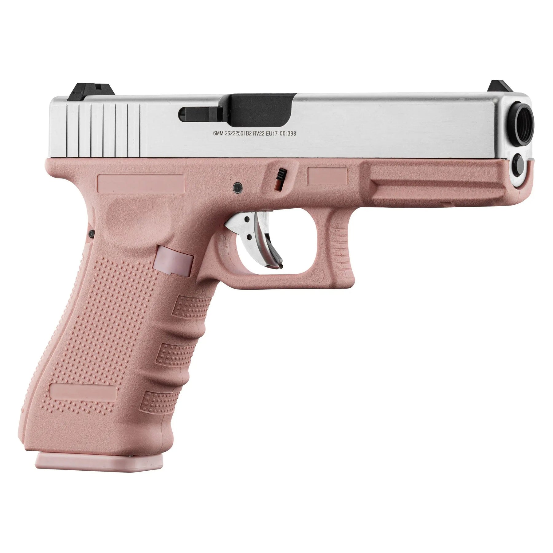 Raven EU7 Rose/Silver, pistolet ergonomique type Glock custom avec culasse en aluminium et frame polymère rose.