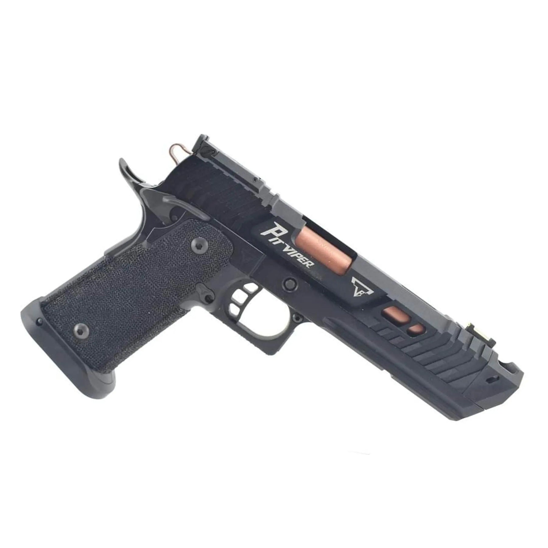 Réplique GBB TTI JW4 PIT Viper CNC noir inspirée du pistolet de John Wick 4, fabriquée par Army Armament, avec grip anti-dérapant et guidon fibre optique.