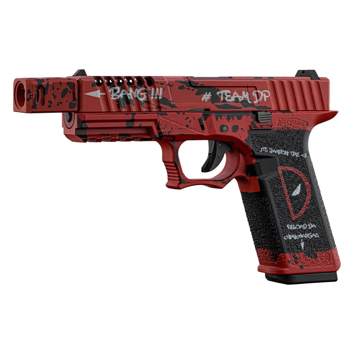 Réplique GBB VX7102 DP rouge et noir avec culasse ajourée, compensateur inclus et canon externe fileté - AW Custom