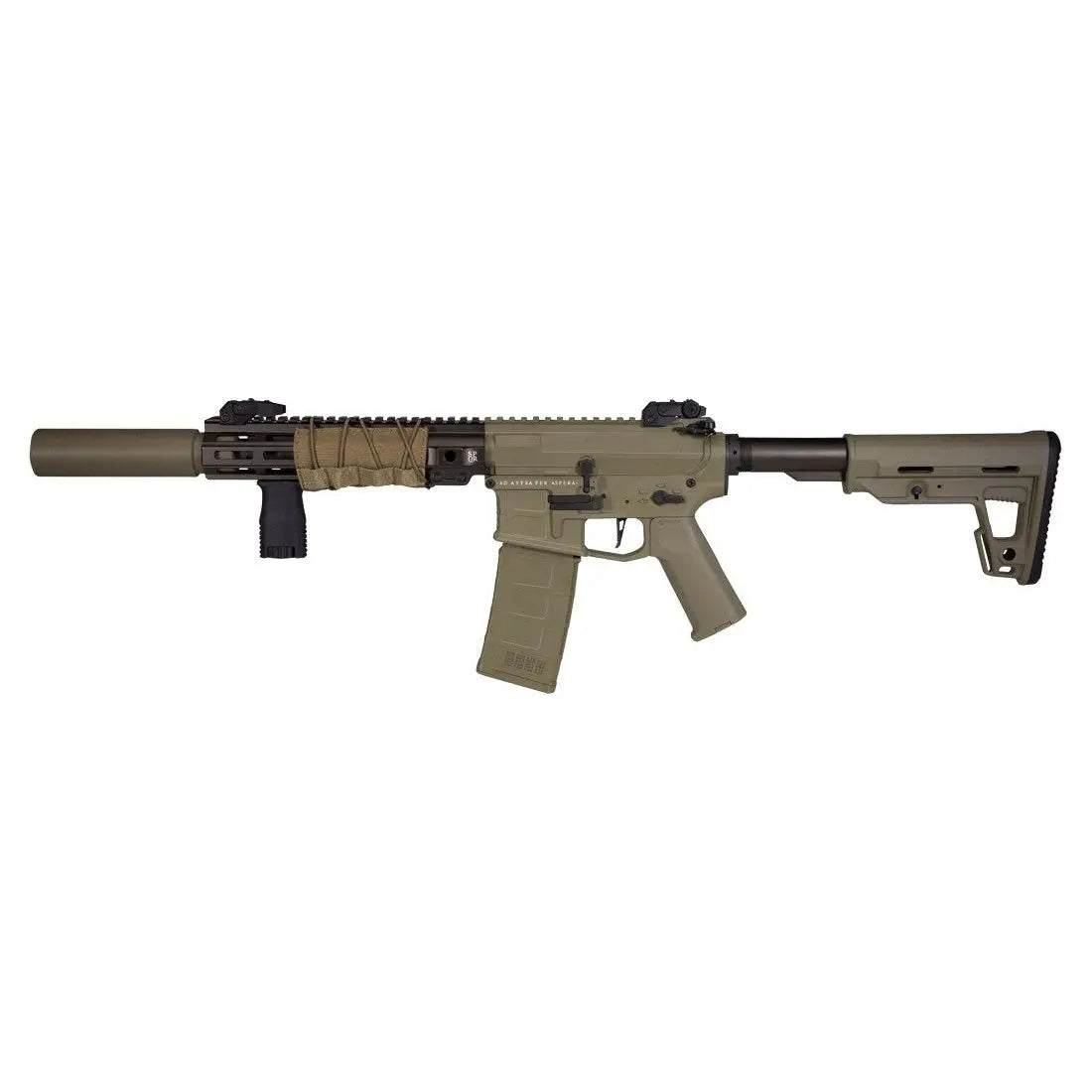 Réplique SECUTOR ASTRA IV COYOTE AEG en dual tone avec garde main et tube de crosse bronze, grip M-LOK ajustable, accessoire textile pour garde mains et silencieux inclus, avec