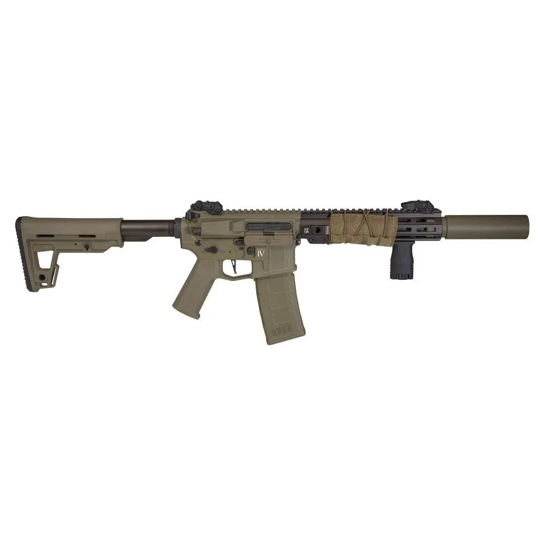 Réplique SECUTOR ASTRA IV COYOTE AEG avec accessoires, grip M-LOK ajustable, silencieux, crosse télescopique, gâchette électronique, canon de précision