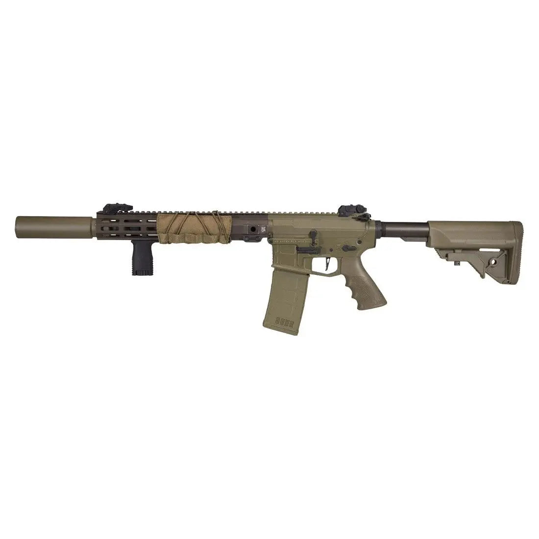 Réplique SECUTOR ASTRA XI COYOTE AEG en dual tone avec garde main et tube de crosse bronze, grip M-LOK ajustable, accessoire textile pour garde mains, silencieux inclus, et