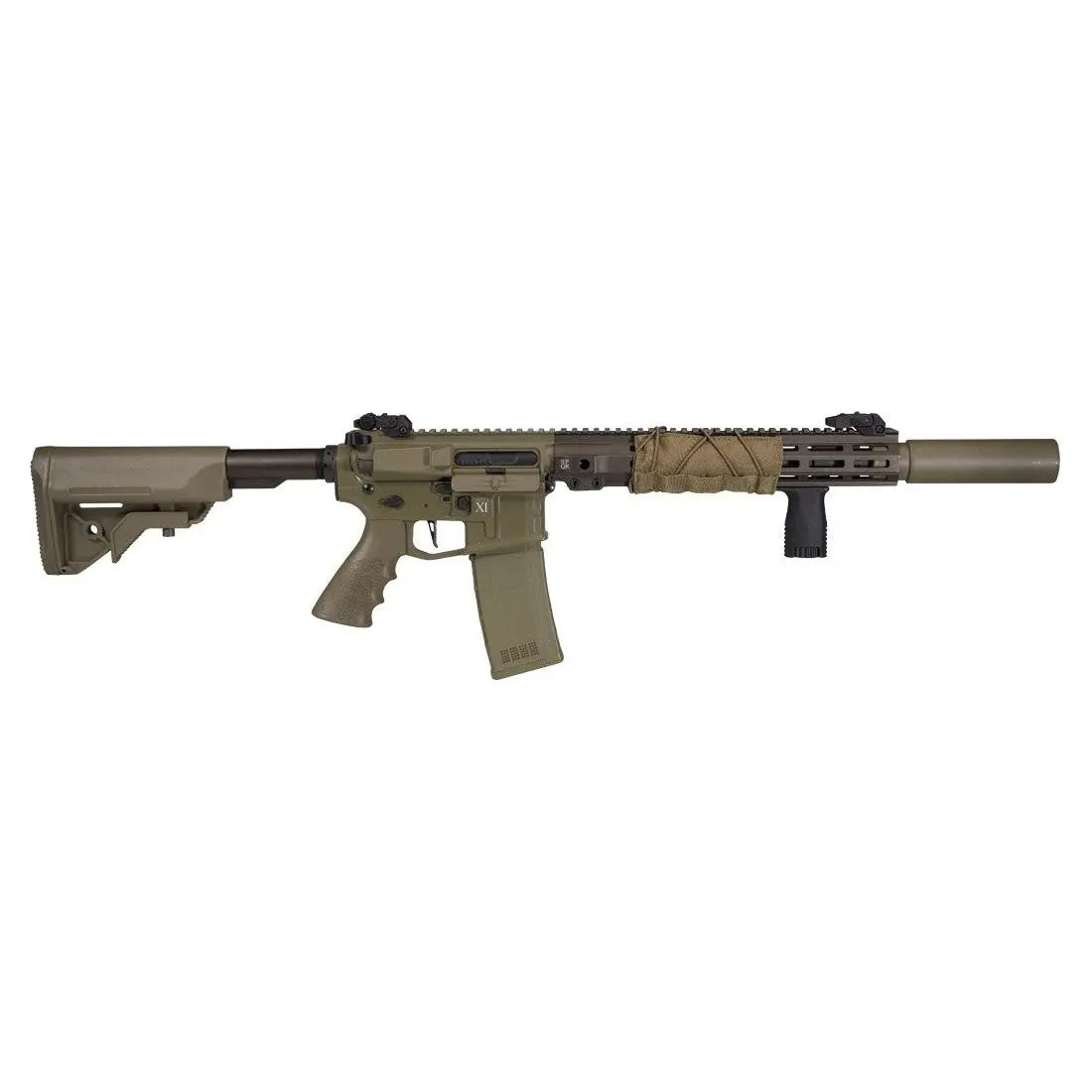 Réplique de SECUTOR ASTRA XI COYOTE AEG en dual tone avec garde main et tube de crosse en bronze, dotée d'un grip M-LOK ajustable, d'un silencieux, d'un