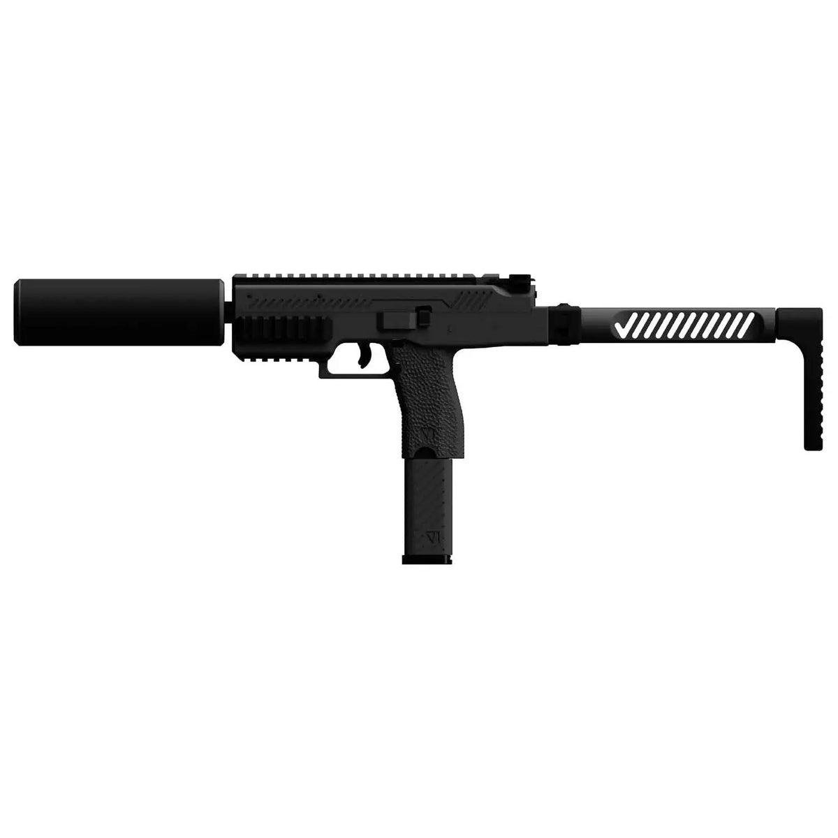 SMG VMP-1X noire avec silencieux de Vosrk, réplique d'airsoft légère et compacte.