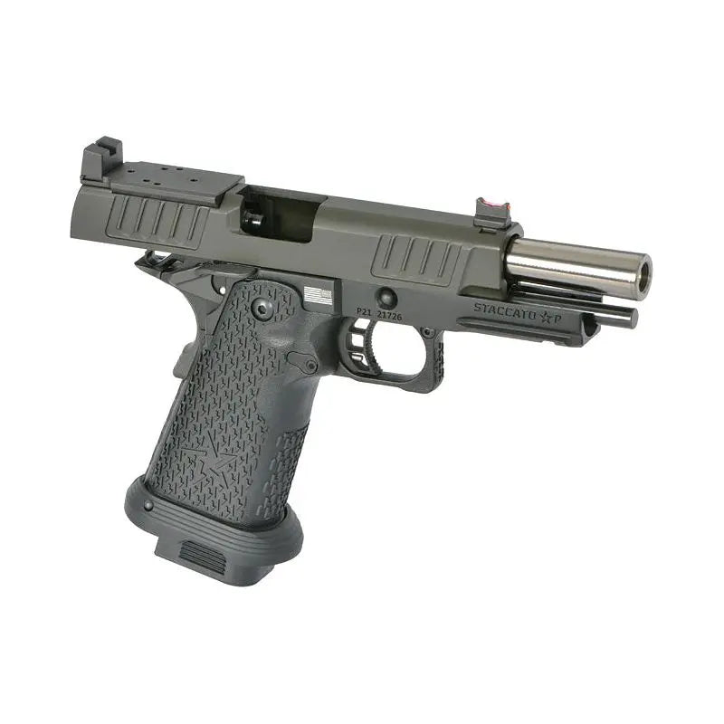 STACCATO 2011 P type Hi-capa Licensed By EMG in Black with single fire type, serial number, length 200mm, height 160mm, inner barrel length 85mm, muzzle energy 0.95