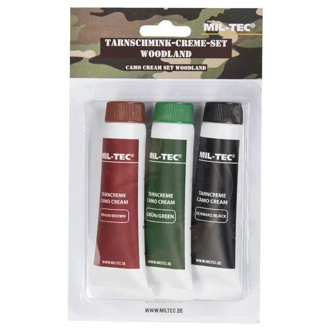Set de 3 tubes de grimage camouflage en couleurs kaki, marron et noir, facile à appliquer et nettoyer, idéal pour militaires en manœuvre