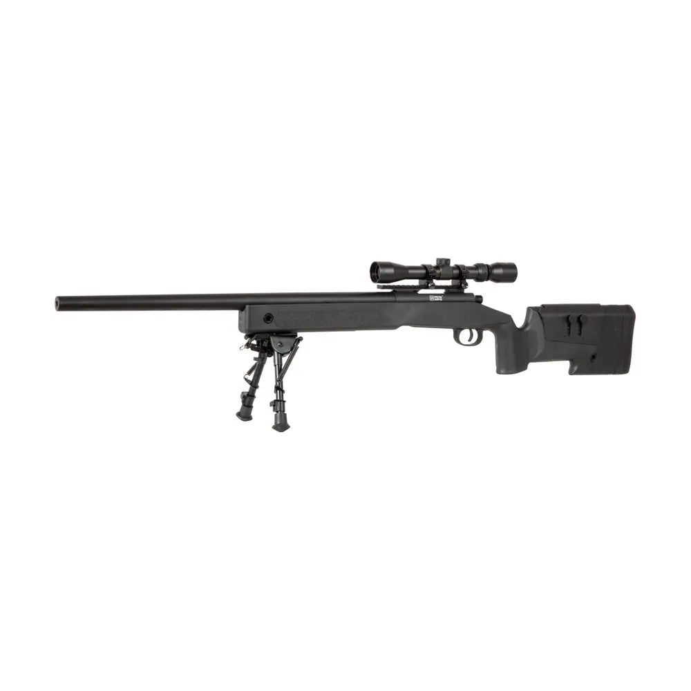 Specna Arms S02 Sniper Noir 1,9j disposant d'une vitesse de 420 FPS, un tir semi-auto, un canon de 485mm, un chargeur low-cap de 20 pièces, un Hop-Up
