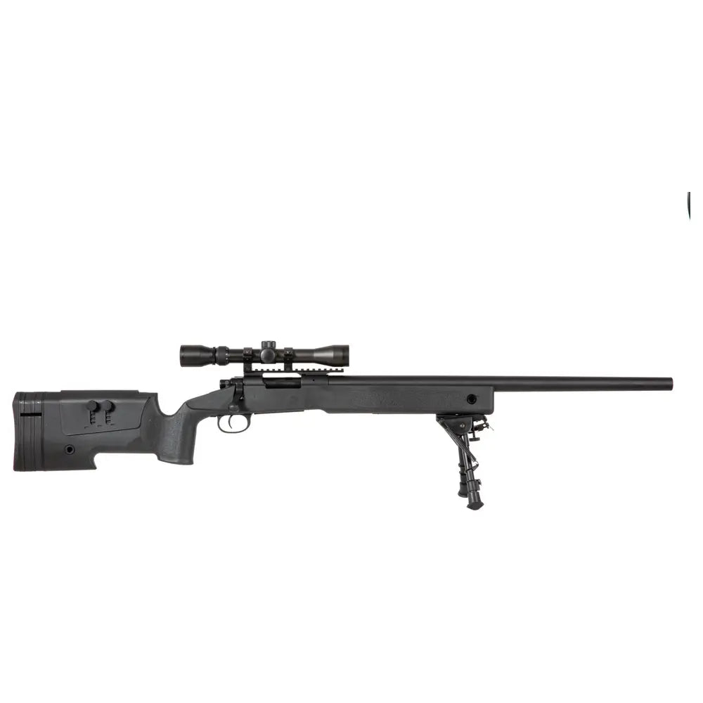 Specna Arms S02 Sniper noir 1,9j semi-auto avec une vitesse de 420 FPS, un canon de 485mm, et un chargeur low-cap de 20 pièces