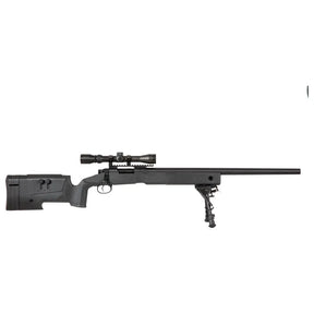 Specna Arms S02 Sniper noir 1,9j semi-auto avec une vitesse de 420 FPS, un canon de 485mm, et un chargeur low-cap de 20 pièces