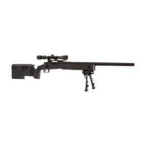 Specna Arms S02 Sniper noir 1,9j semi-auto avec vitesse de 420 FPS, chargeur low-cap et hop-up, fabriqué en plastique, alimenté par ressort, livré avec 3 charge