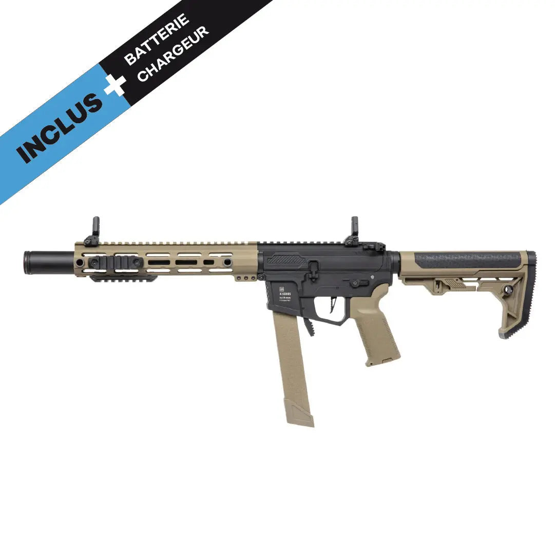 Specna Arms SA-FX02 FLEX HAL ETU en noir et tan avec caractéristiques avancées et accessoires inclus