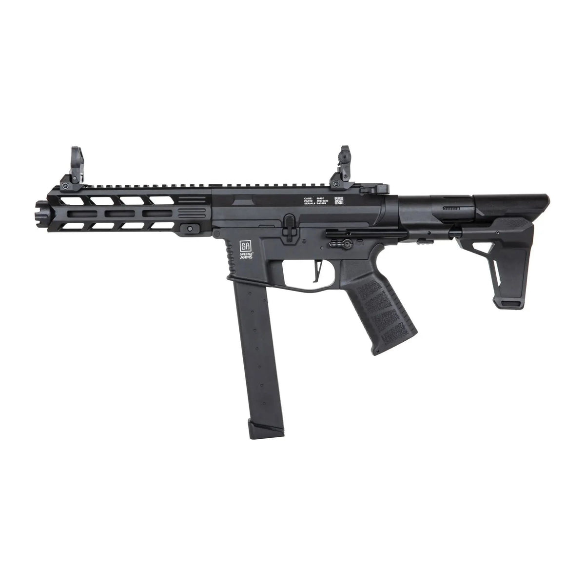 Replique de pistolet-mitrailleur Specna Arms SA-FX10 FLEX Haute Vitesse noir avec renfort en fibre de nylon, système optique électronique SA ETU 1 et emplacements M-