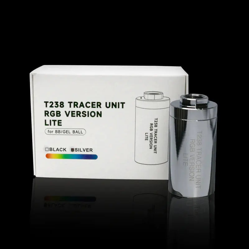 Tracer tactique T238 RGB silver version Lite avec dimensions de 66mm de long, diamètre de 32mm, mode traceur arc-en-ciel et batterie de 300mAh