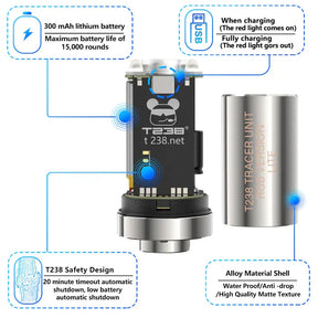 Tracer tactique T238 RGB silver version Lite avec dimensions de 66mm de long et diamètre de 32mm, offrant des modes de traceur arc-en-ciel et de tir réglable, soutenant un taux