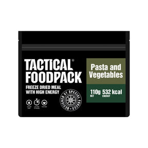 Paquet de TACTICAL FOODPACK® contenant des pâtes et du poulet pour un repas en plein air