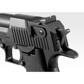 Tokyo Marui 10inch Desert Eagle .50AE Hard Kick in black color, a large and powerful handgun with a menacing kick and chrome look, not suitable for small hands, adjustable hop-up and 340 FPS.
