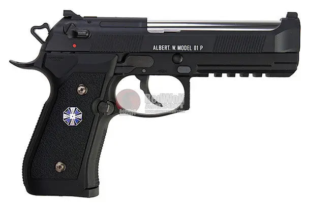 Alt tag pour Tokyo Marui M9 Biohazard Albert.W.Model 01P GBB, une réplique de pistolet noire en plastique de modèle 92F M9 93R, alimentée par du gaz