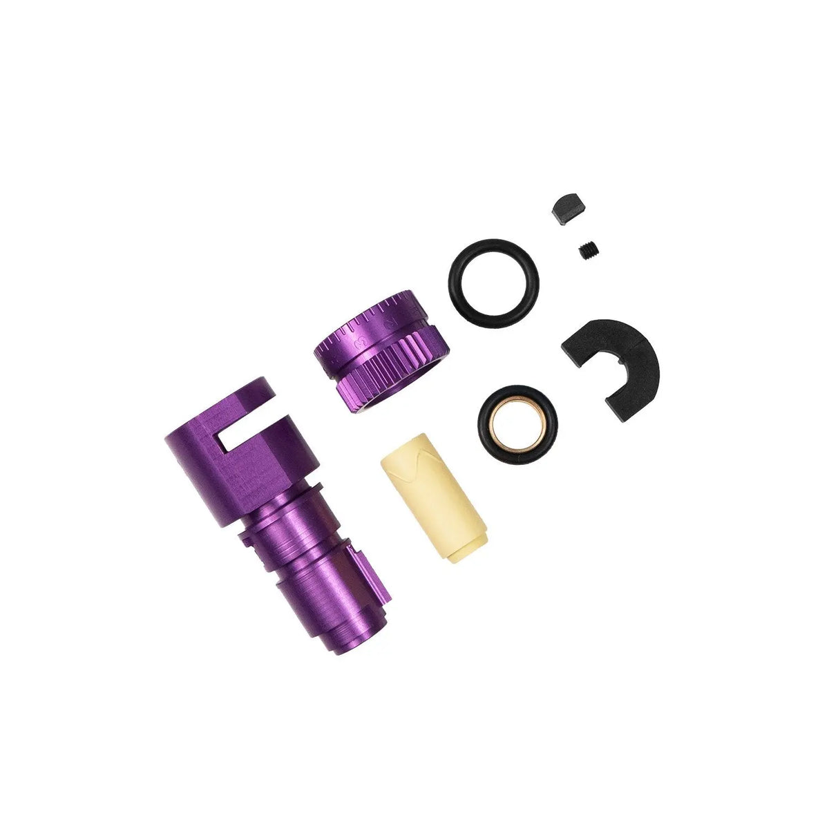 Composants du Hop up Novritsch M249 SSR249 incluant une chambre, une roue, un nub, deux joints toriques, un bucking, une bague de centrage en laiton, une vis de bloc
