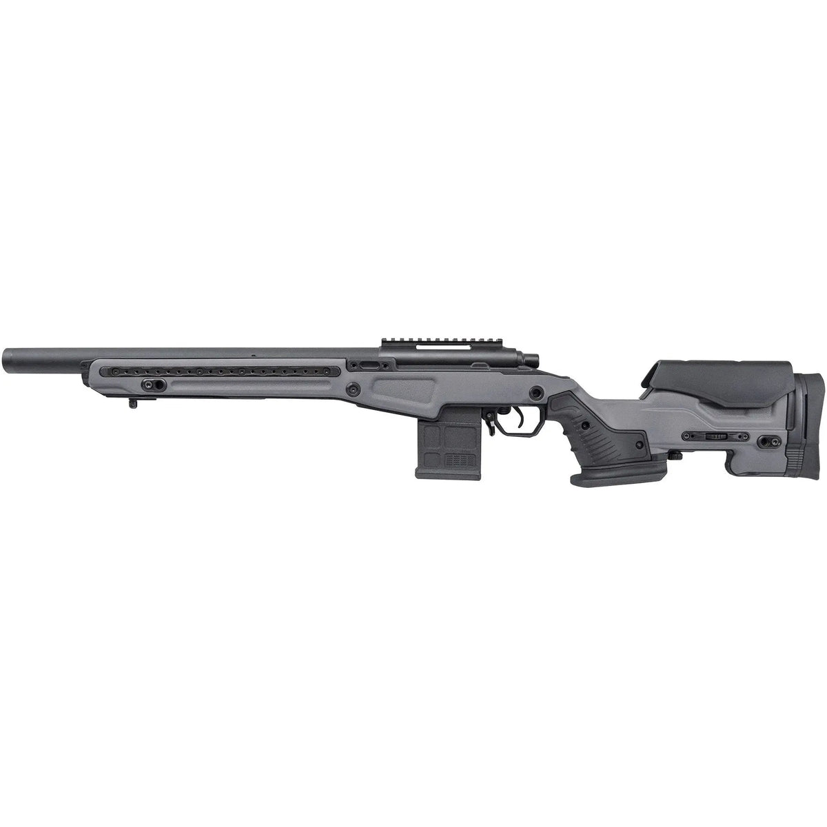 "Réplique airsoft AAC T10 Short Grey 0,8J, design agressif, customisable, compatible VSR10, métal et nylon, hop-up réglable, 90 m/s, rail Picatinny, chargeur