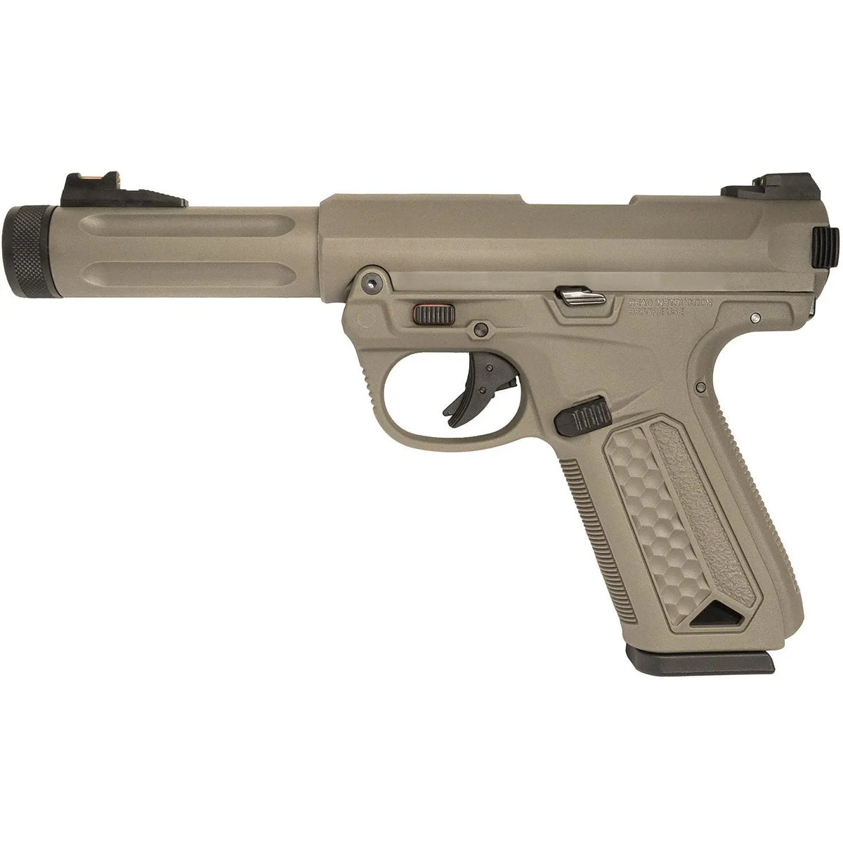 Balise alt SEO : "AAP-01 Assassin FDE semi & full auto, léger, compact, hybride, compatible chargeurs Glock, culasse mobile, corps polymère, canon métal, 23 coups, hop-up réglable"