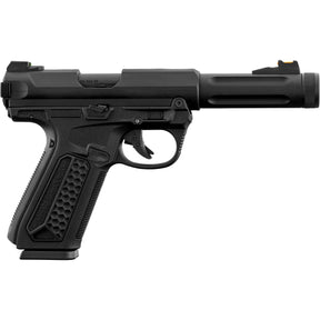 "Réplique airsoft AAP-01 Assassin noire, semi et full auto, culasse mobile, corps polymère, canon métal, chargeur 23 coups, hop-up réglable, 230mm, 231g."