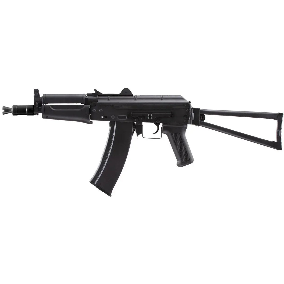 "Réplique AKS-74U noir avec gearbox V3 métal, changement de ressort rapide, hop-up ajustable, crosse repliable, chargeur 400 billes, et composants en polymer et métal pour airsoft."