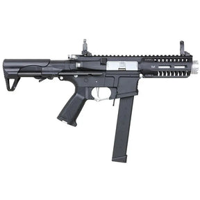 "Fusil d'airsoft ARP9 Super Ranger Fire Gris avec matériaux aluminium et nylon, vitesse 350 fps, chargeur 300 billes, hop-up réglable, crosse rétractable, et Mosfet programmable."