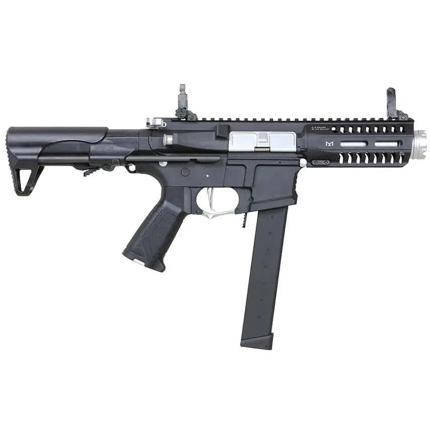 "Fusil d'airsoft ARP9 Super Ranger Fire Gris avec matériaux aluminium et nylon, vitesse 350 fps, chargeur 300 billes, hop-up réglable, crosse rétractable, et Mosfet programmable."