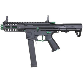 "Fusil airsoft ARP9 Super Ranger Fire Vert avec matériaux en aluminium et nylon, vitesse 350 fps, chargeur 300 billes, hop-up réglable, crosse rétractable et mosfet programmable."