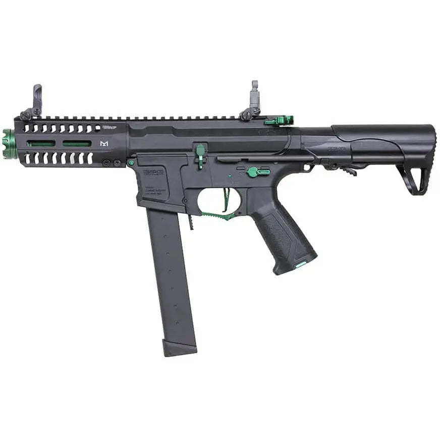 "Fusil airsoft ARP9 Super Ranger Fire Vert avec caractéristiques avancées : matériaux en aluminium et nylon, vitesse 350 fps, chargeur hi-cap 300 billes, longueur 497mm, crosse rétractable, Mos