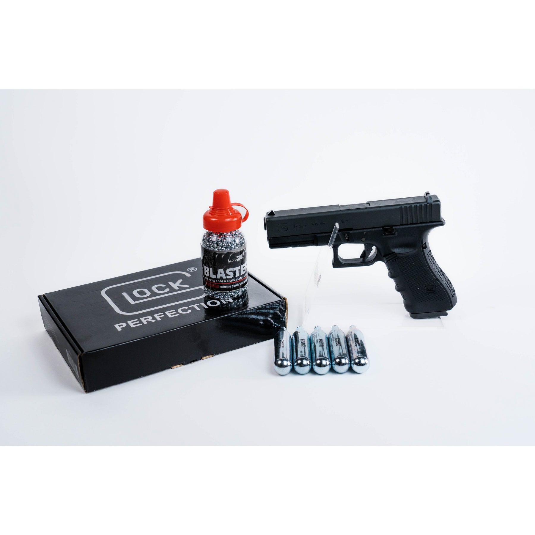 Pack Glock 17 4.5mm billes acier + Bombonne billes acier + 5 spaclettes Co2