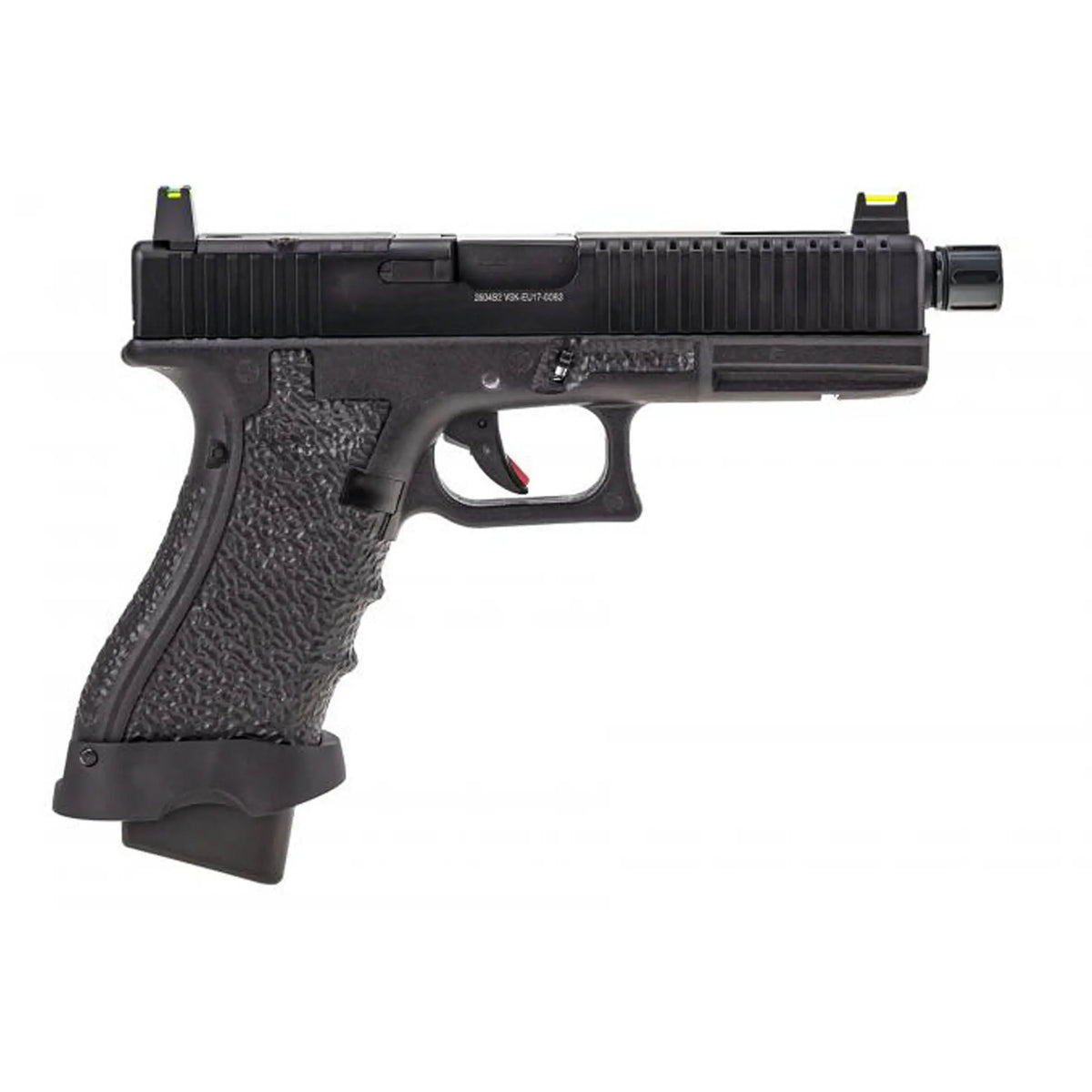 EU7 VORSK Noir Glock custom en aluminium et polymère, avec chargeur gaz, canon externe torsadé, mires réhaussés, magwell noir et cache flamme pour silencieux