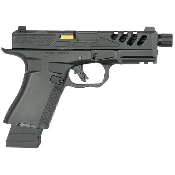 Black F1 FIREARMS BSF-19B EMG with 6mm Airsoft caliber, 200mm length, 780gr weight, metal material, adjustable hop-up, semi automatic firing mode, and gas power source.