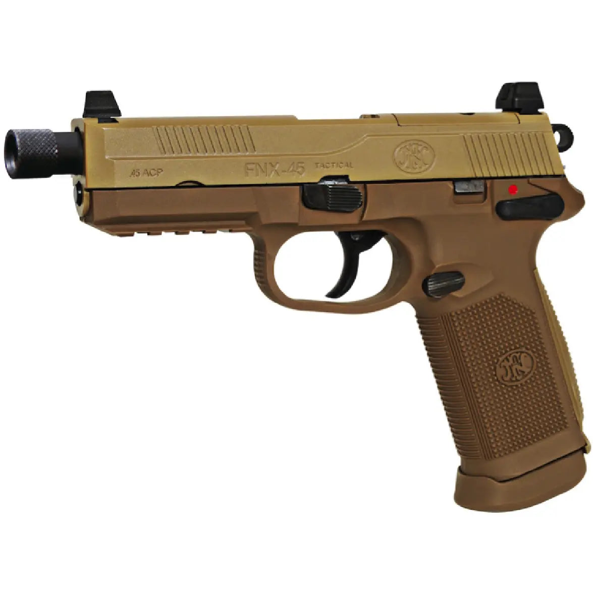 Image de FN FNX-45 Tactical GBB Gas Dark Earth 25BBs, couleur DE, full métal avec frame en polymère, rail inférieur picatinny, organes de visée mécanique, pontet text