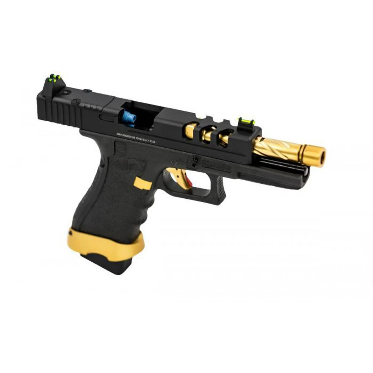 GBB VORSK EU7 Tactical Gold match, pistolet Glock custom avec culasse aluminium noire, canon externe torsadé Gold et compatible CO2