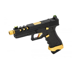 GBB VORSK EU7 Tactical Gold Match – Pistolet Glock custom avec culasse en aluminium noire, frame polymère noire, canon externe torsadé doré, magwell doré, compatible CO2, vé