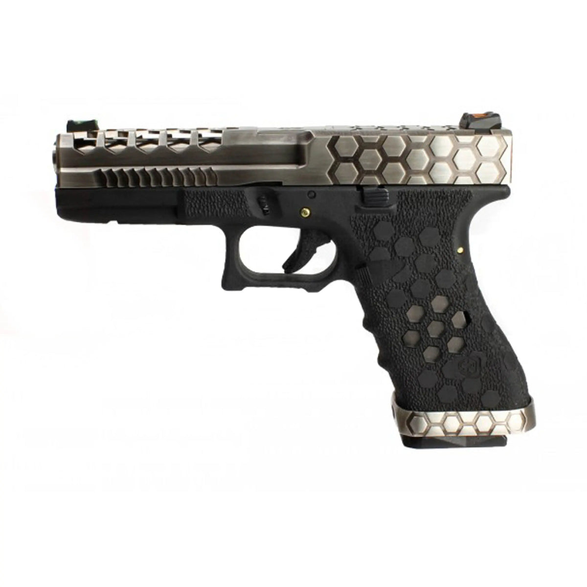 GBB VX0100 hex cut Noir/Silver, pistolet blowback Glock custom avec design hexagonal, culasse métal silver, frame polymère noir et capacité de 27 billes