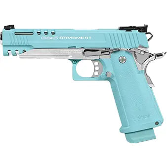 Réplique de l'arme américaine GPM1911 MACARON BLUE GAZ avec système de compression de gaz et bloc hop up réglable, vendue dans une mallette en ABS assortie et un BB Loader