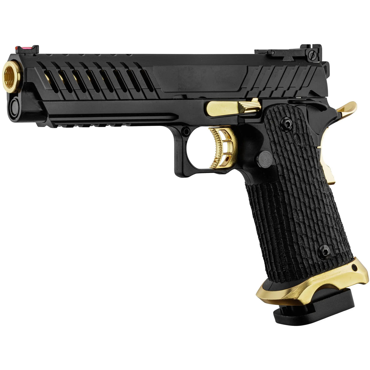 Hi-Capa LTX6 Black/Gold Lancer Tactical gaz blowback avec canon interne de 6,01 mm et capacité de chargeur de 28 billes, compatible avec Tokyo Marui et WE-Tech