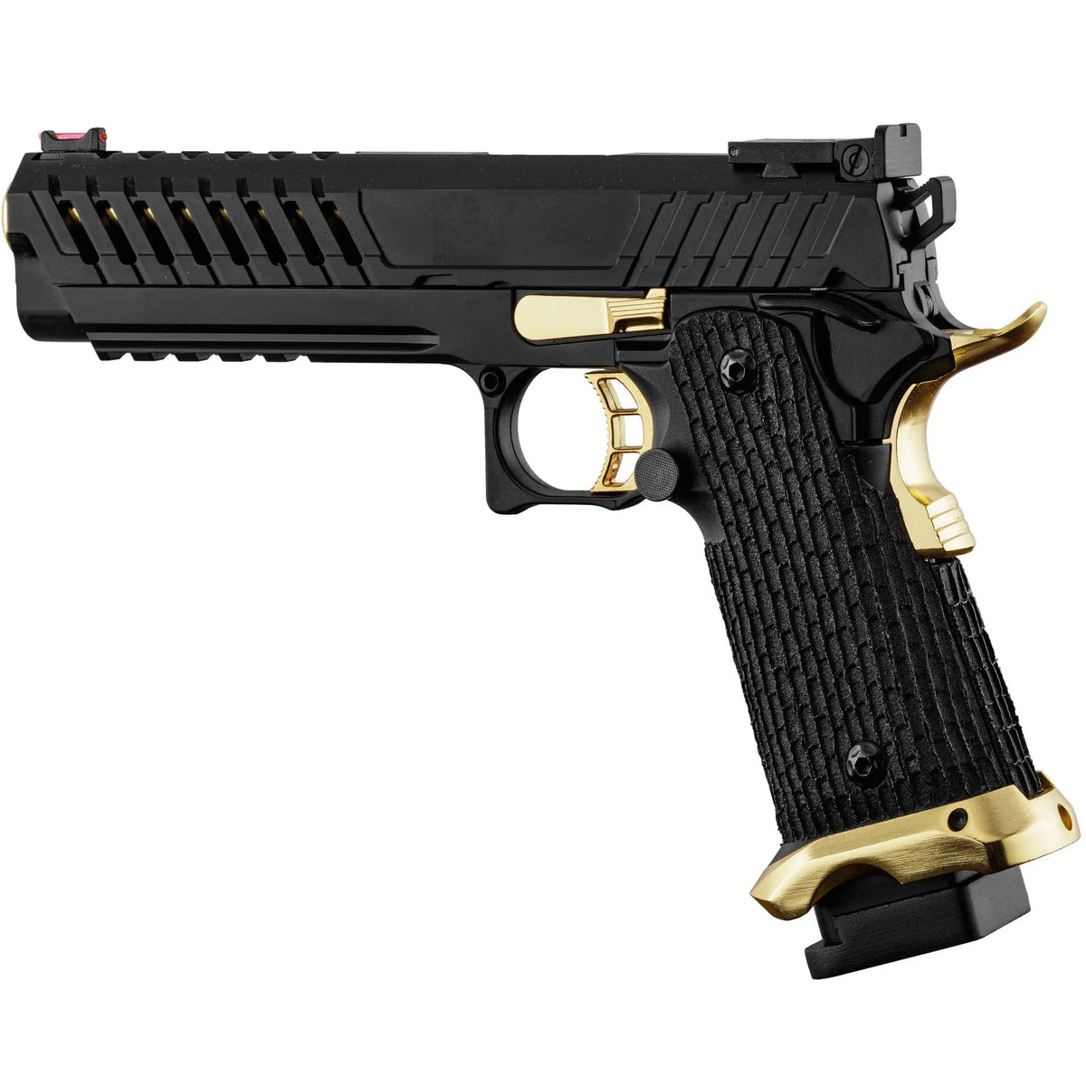 Hi-Capa LTX6 Black/Gold Lancer Tactical à Gaz Blowback avec canon interne de 6,01 mm et 114 mm de long, 180,5 mm de longueur totale, 1 KG de poids